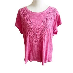 Chico’s Mineral Wash Pink Tee Size 2/Large Ruffled Embroidered Yoke Front Casual